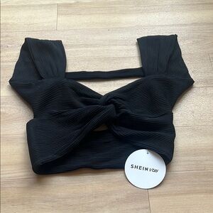 SHEIN Black Ribbed Twist Crop Top